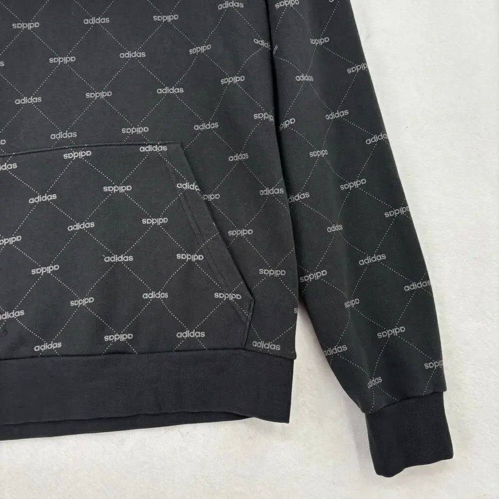 Adidas Hooded Sweatshirt‎ Men's M Black White Allover Spellout Print Hoodie